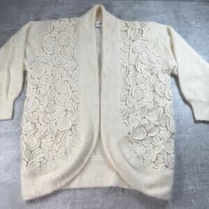 Vintage ivory angora blend cardigan scalloped sides womens size medium